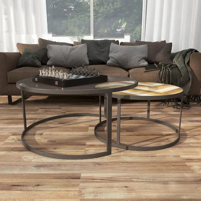 Wooden Nesting Living Room Coffee Table with Clear Glass Top - Set of 2 Gray - Roche River Decor