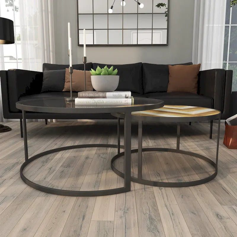 Wooden Nesting Living Room Coffee Table with Clear Glass Top - Set of 2 Gray - Roche River Decor